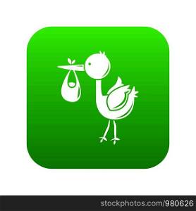 Stork child icon green vector isolated on white background. Stork child icon green vector