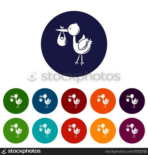 Stork child icons color set vector for any web design on white background. Stork child icons set vector color