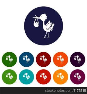 Stork child icons color set vector for any web design on white background. Stork child icons set vector color