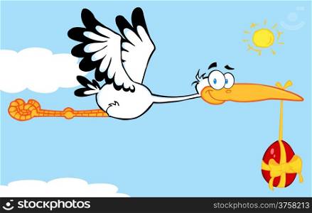 Stork Flying In Sky With Easter Egg