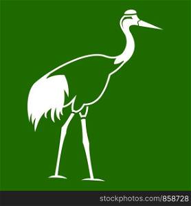 Stork icon white isolated on green background. Vector illustration. Stork icon green