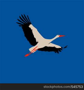 Stork in flat style. Isolated stork on blue sky background. Flat Stork. Isolated stork on blue background