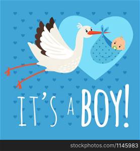 Stork with baby boy. Flying stork with newborn toddler vector illustration for congratulation card and birthday announcement. Stork with baby boy