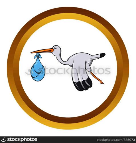 Stork with baby vector icon in golden circle, cartoon style isolated on white background. Stork with baby vector icon, cartoon style