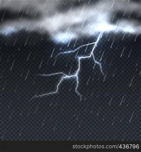 Storm and lightning with rain and clouds in sky isolated. Climate vector background. Storm weather rain and lightning illustration. Storm and lightning with rain and clouds in sky isolated. Climate vector background