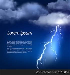 Storm background. Thunderstorm weather rainy clouds night sky with dramatic power glow lightning strike vector realistic picture. Light power strike electricity, dangerous weather illustration. Storm background. Thunderstorm weather rainy clouds night sky with dramatic power glow lightning strike vector realistic picture