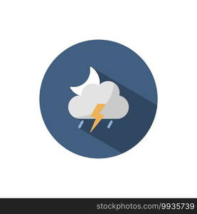 Storm, cloud and moon. Flat color icon on a circle. Weather vector illustration