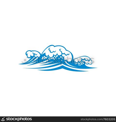 Storm in sea or ocean isolated icon. Vector blue waves on wind, splashing water swirls. Splashing water in sea, isolated waves