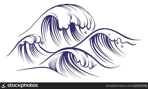 Storm ocean. Big sea waves. Tsunami symbol in sketch style isolated on white background. Storm ocean. Big sea waves. Tsunami symbol in sketch style