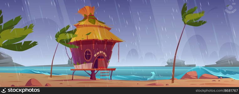 Storm on beach with hut or bungalow under rain, summer shack on tropical island seaside with ragging ocean waves and palm tree swing in the wind. Tropical shower landscape, Cartoon vector illustration. Storm on beach with hut or bungalow under rain