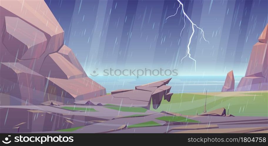 Storm on ocean rocky shore, rain shower falling, lightning sparkling in dull sky, deserted sea coastline with rocks around. Hurricane rage, nature disaster, stormy weather Cartoon vector illustration. Storm on ocean rocky shore, rain shower lightning