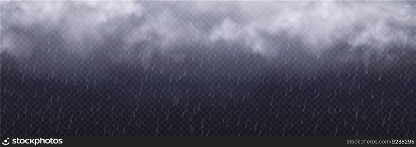 Storm rainy weather effect. Rain with falling water drops and white clouds isolated on transparent background. Cloudy texture with autumn shower, vector realistic illustration. Storm rainy weather effect with water drops