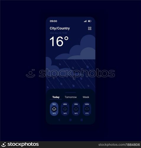 Storm weather forecast night mode smartphone interface vector template. Meteorology service. Mobile app page design layout. Temperature overcast screen. Flat UI for application. Phone display. Storm weather forecast night mode smartphone interface vector template