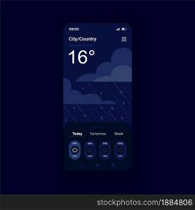 Storm weather forecast night mode smartphone interface vector template. Meteorology service. Mobile app page design layout. Temperature overcast screen. Flat UI for application. Phone display. Storm weather forecast night mode smartphone interface vector template