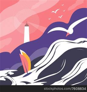 Storm weather ocean flat concept vector illustration. Boat in storm. Abstract 2D cartoon character for web design. Fall storm creative idea