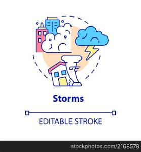 Storms concept icon. Winds and thunderstorm. Effects of climate change abstract idea thin line illustration. Isolated outline drawing. Editable stroke. Roboto-Medium, Myriad Pro-Bold fonts used. Storms concept icon