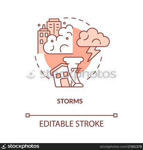 Storms red concept icon. Winds and thunderstorm. Effects of climate change abstract idea thin line illustration. Isolated outline drawing. Editable stroke. Roboto-Medium, Myriad Pro-Bold fonts used. Storms red concept icon