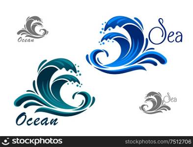 Stormy sea blue waves icon with water splashes and swirling drops, for nature or marine design. Blue sea waves icon with water splash