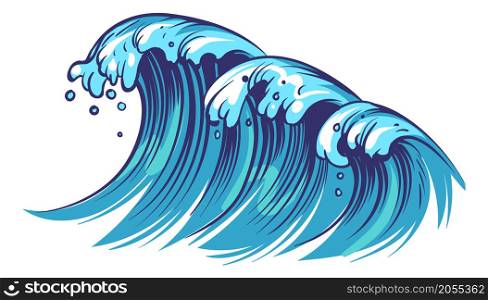 Stormy sea. Moving water waves in hand drawn style isolated on white background. Stormy sea. Moving water waves in hand drawn style