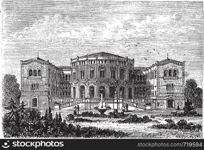 Storting or Parliament of Norway, in Oslo, Norway, during the 1890s, vintage engraving. Old engraved illustration of Storting.