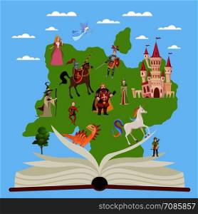Story book. Child educational books with stories fairytale and fantasy characters for imagination reading, children background witn open kids magical storytelling picture vector illustration. Story book. Child educational books with stories fairytale and fantasy characters for imagination reading vector illustration