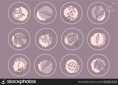 Story highlight icons set collection of continuous line flowers. Logo for boutique, floral shop, eco product. Hand drawn vector illustration for decor and design.