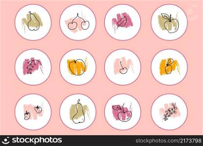 Story highlight icons set of doodle fruits elements. Logo design for garden shop, eco product. Hand drawn vector illustration.