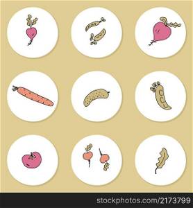 Story highlight icons set of doodle vegetables elements. Perfect for poster, stickers and print. Hand drawn vector illustration for decor and design.