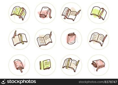 Story highlight set of school university textbook icons. Logo design  for book shop, library, school, university. Hand drawn vector illustration.