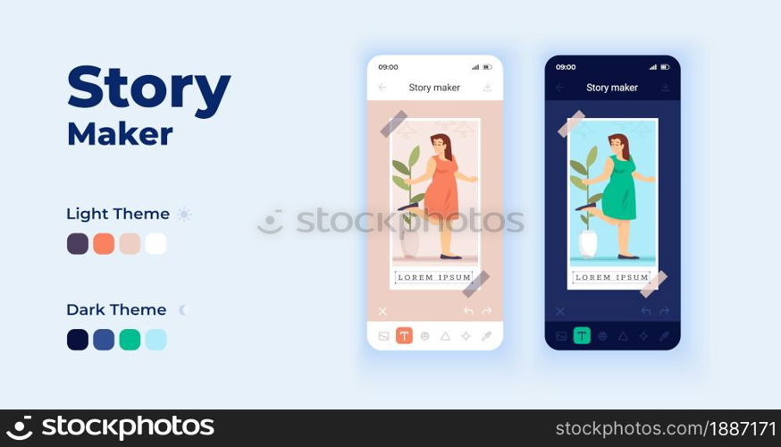 Story maker cartoon smartphone interface vector templates set. Mobile app screen page day and dark mode design. Social media. Photo editor UI for application. Phone display with flat character. Story maker cartoon smartphone interface vector templates set