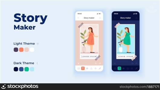 Story maker cartoon smartphone interface vector templates set. Mobile app screen page day and dark mode design. Social media. Photo editor UI for application. Phone display with flat character. Story maker cartoon smartphone interface vector templates set