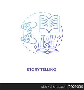 Story telling concept icon. Game design industry benefits. Activity of sharing stories with lots of people. Creativity idea thin line illustration. Vector isolated outline RGB color drawing. Story telling concept icon