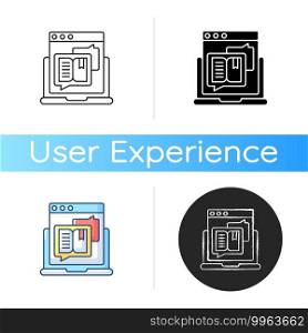 Storytelling icon. Social media content. Online visual presentation. Internet publication. Responsive website. User experience. Linear black and RGB color styles. Isolated vector illustrations. Storytelling icon