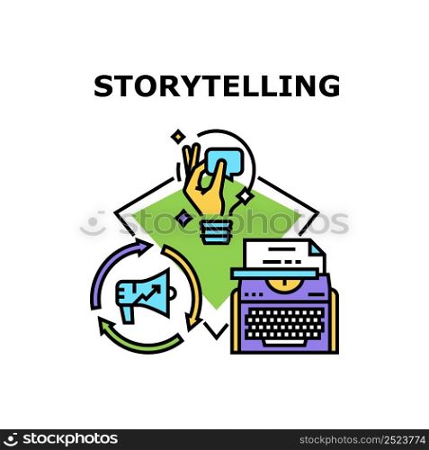 Storytelling Vector Icon Concept. Book Idea And Storytelling Author Typing On Typewriter Equipment. Journalist Story Telling And Writing Newspaper Article. Creativity Occupation Color Illustration. Storytelling Vector Concept Color Illustration