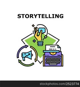 Storytelling Vector Icon Concept. Book Idea And Storytelling Author Typing On Typewriter Equipment. Journalist Story Telling And Writing Newspaper Article. Creativity Occupation Color Illustration. Storytelling Vector Concept Color Illustration