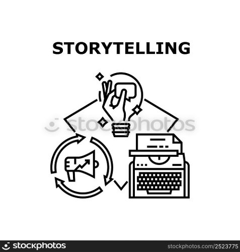 Storytelling Vector Icon Concept. Book Idea And Storytelling Author Typing On Typewriter Equipment. Journalist Story Telling And Writing Newspaper Article. Creativity Occupation Black Illustration. Storytelling Vector Concept Black Illustration