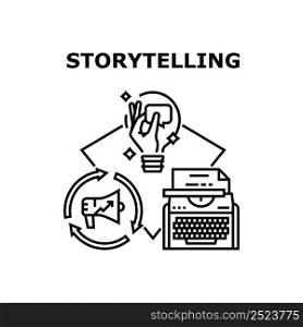 Storytelling Vector Icon Concept. Book Idea And Storytelling Author Typing On Typewriter Equipment. Journalist Story Telling And Writing Newspaper Article. Creativity Occupation Black Illustration. Storytelling Vector Concept Black Illustration