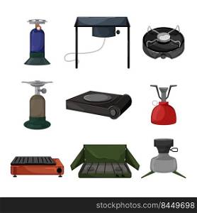 stove c&set cartoon. gas cooking, portable outdoor cooker, nature picnic burner, propane travel equipment stove c&vector illustration. stove c&set cartoon vector illustration