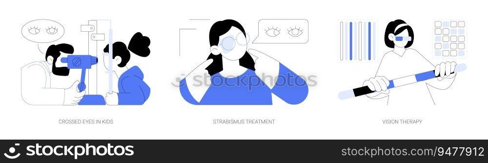 Strabismus diagnosis abstract concept vector illustration set. Crossed eyes in kids, strabismus treatment, vision therapy, pediatric ophthalmology, kid with eye patch abstract metaphor.. Strabismus diagnosis abstract concept vector illustrations.