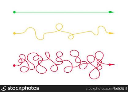 Straight and curved chaotic lines from start to finish points. Expectation and reality, easy and hard way concept. Different plans or life scenario symbols. Simple vector flat illustration.. Straight and curved chaotic lines from start to finish points. Expectation and reality, easy and hard way concept. Different plans or life scenario symbols