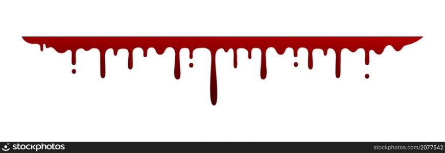Straight blood drip. Horizontal border, bloody element gradient color, flowing drops or trickles, scary Halloween decoration. Spooky fluid ink smear, vector isolated on white background illustration. Straight blood drip. Horizontal border, bloody element gradient color, flowing drops or trickles, scary Halloween decoration. Spooky fluid ink smear, vector isolated illustration
