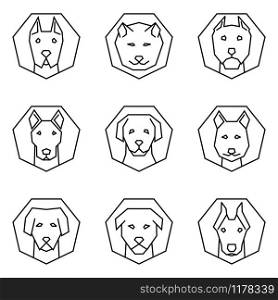 Straight Line Icon Set Dog face, Great Dane, Akita, Pit Bull, Shepherd, Golden Retriever, Siberian Husky, Labrador, Rottweiler, Doberman. Editable Stroke Vector.