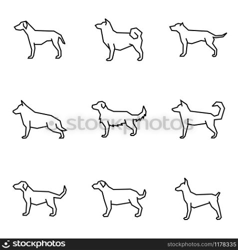 Straight Line Icon Set Dog, Great Dane, Akita, Pit Bull, Shepherd, Golden Retriever, Siberian Husky, Labrador, Rottweiler, Doberman. Editable Stroke Vector.