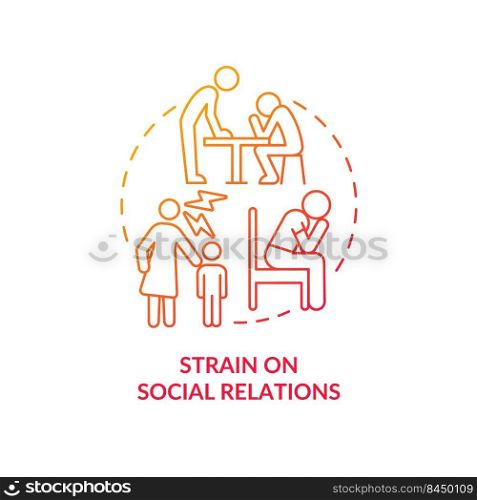 Strain on social relations red gradient concept icon. Communication. Negative effect of overcrowding abstract idea thin line illustration. Isolated outline drawing. Myriad Pro-Bold fonts used. Strain on social relations red gradient concept icon