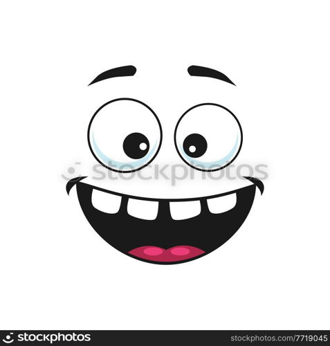 Strange emoji with broad smile, crazy idiot isolated icon. Vector cheerful person social network emoticon with facial expression of happiness, joy and gladness. Stupid emoji with rare teeth in mouth. Happy smiley with rare teeth in open mouth isolate