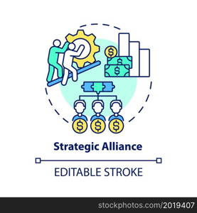 Strategic alliance concept icon. External expansion abstract idea thin line illustration. Companies cooperation and partnership. Joint project. Vector isolated outline color drawing. Editable stroke. Strategic alliance concept icon