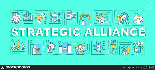 Strategic alliance word concepts banner. Business expansion strategy. Infographics with linear icons on blue background. Isolated creative typography. Vector outline color illustration with text. Strategic alliance word concepts banner