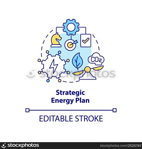 Strategic energy plan concept icon. Building energy strategy abstract idea thin line illustration. Reduce carbon footprint. Isolated outline drawing. Editable stroke. Arial, Myriad Pro-Bold fonts used. Strategic energy plan concept icon