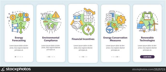 Strategic energy planning onboarding mobile app screen. Forecasting walkthrough 5 steps graphic instructions pages with linear concepts. UI, UX, GUI template. Myriad Pro-Bold, Regular fonts used. Strategic energy planning onboarding mobile app screen