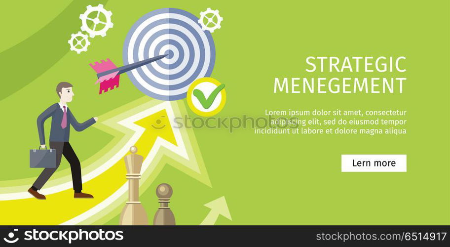 Strategic Management Concept Vector Illustration. Strategic management concept flat style vector. Businessman with briefcase, arrow in target, chess figures, gears illustrations. Success planning and expected development. Wealth and savings growing.